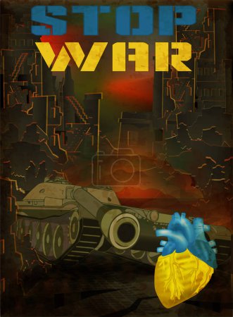 Illustration for Stop War postcard, tank and Ukrainian heart. vector illustration - Royalty Free Image