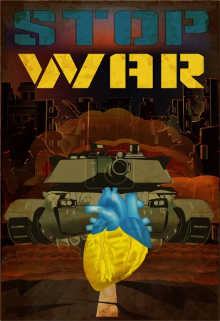 Ilustración de Stop War card, tank shoots at Ukrainian heart,  vector illustration - Imagen libre de derechos