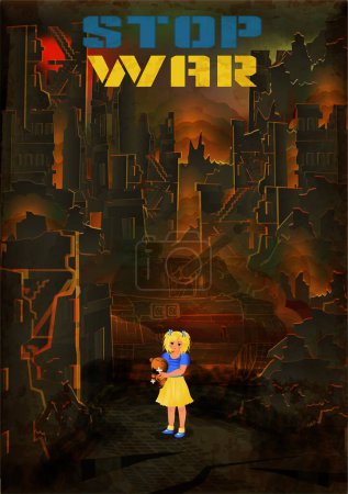 Illustration for Stop War card, tank and Ukrainian liitle  girl in ruined city, vector illustration - Royalty Free Image