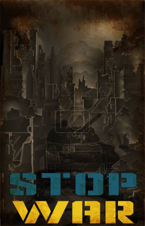 Illustration for Stop War postcard, tank and ruined city. vector illustration - Royalty Free Image