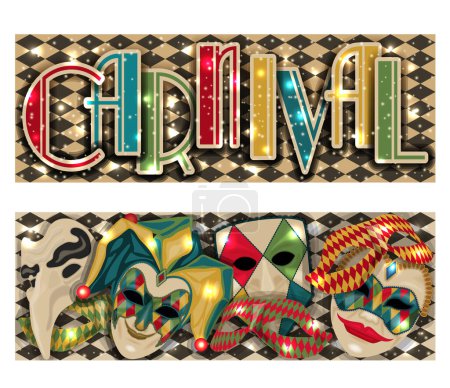 Téléchargez les illustrations : Bannières d'invitation de masque de carnaval de Venise en style art déco, illustration vectorielle - en licence libre de droit