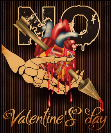 Ilustración de No Valentines day, skeleton hand holding a bloody heart with an arrow, vector illustration - Imagen libre de derechos