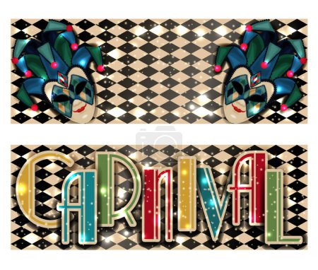 Téléchargez les illustrations : Bannières joyeux carnaval de style art déco avec masque Joker, illustration vectorielle - en licence libre de droit