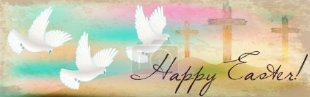 Illustration for Happy Easter banner with Christian wooden cross and white doves. vector illustration - Royalty Free Image