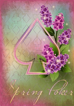Téléchargez les illustrations : Spring Spade Poker card with lilac flowers. vector illustration - en licence libre de droit