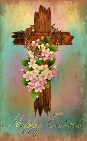 Photo for Happy Easter. Christian wooden cross with cherry blossoms. vector illustration - Royalty Free Image