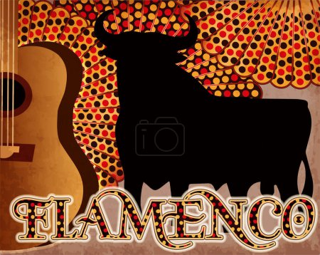 Illustration for Flamenco party banner with guitar and spanish bull, vector illustration - Royalty Free Image