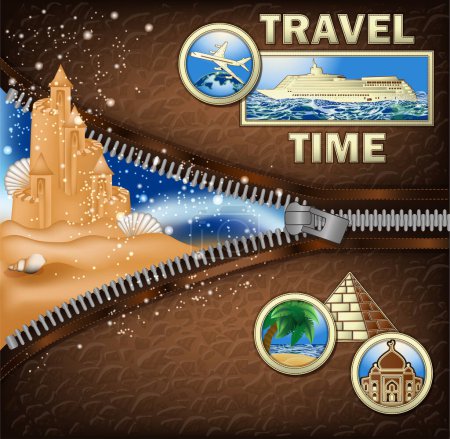 Téléchargez les illustrations : Carte d'invitation Voyage Temps avec fermeture éclair et château de sable, illustration vectorielle - en licence libre de droit