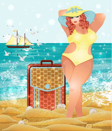 Illustration for Beautiful fat woman with a suitcase, travel summer card, vector illustration - Royalty Free Image