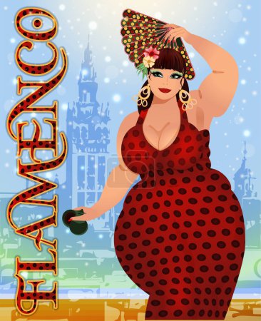 Illustration for Flamenco dance Spanish fat woman with a fan and castanets, greeting card, vector illustration - Royalty Free Image