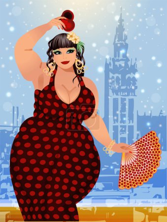 Illustration for Flamenco dance Spanish xxl woman with a fan and castanets, invitation card, vector illustration - Royalty Free Image