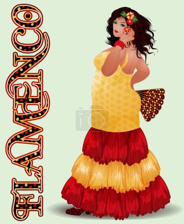 Illustration for Flamenco dance Spanish xxl woman with a fan , greeting card, vector illustration - Royalty Free Image