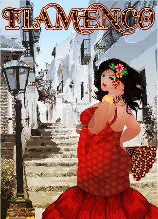 Illustration for Flamenco dance xxl woman in spanish village , vector illustration - Royalty Free Image