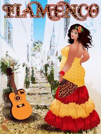 Illustration for Flamenco dance spanish xxl woman in  village , invitation card, vector illustration - Royalty Free Image