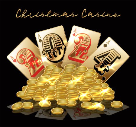 Illustration for Christmas casino New 2024 Year vip wallpaper with coins and poker cards, vector illustration - Royalty Free Image