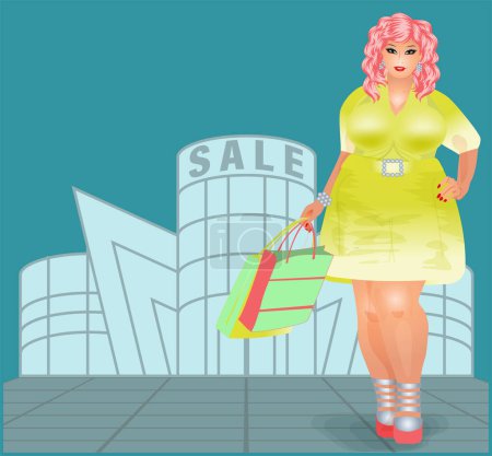 Photo for XXL woman with shopping bags, vector illustration - Royalty Free Image