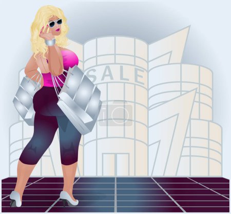 Photo for Plus size woman XXL with sunglasses and shopping bag, vector illustration - Royalty Free Image