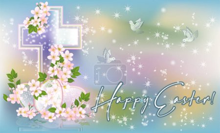Photo for Easter cross with springs flowers greeting banner, vector illustration - Royalty Free Image