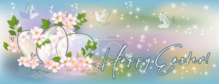 Photo for Happy Easter banner. Crystal Easter eggs with springs flowers, vector illustration - Royalty Free Image