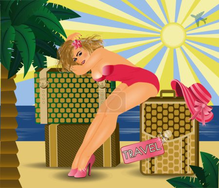 Photo for Pinup girl with bags, travel invitation card, vector illustration - Royalty Free Image