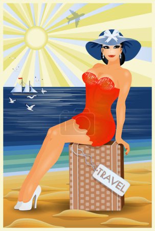 Photo for Pinup girl with bag, travel  card, vector illustration - Royalty Free Image
