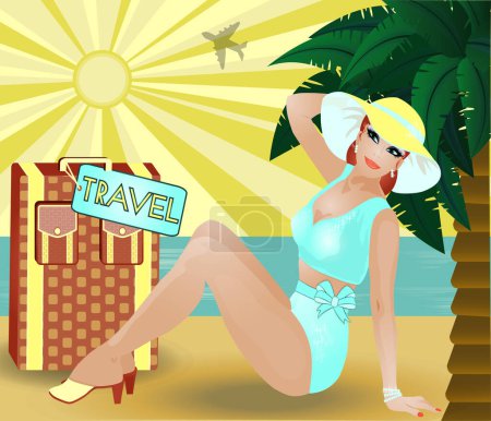 Photo for Pinup travel girl with bag,  invitation card, vector illustration - Royalty Free Image