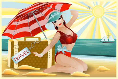 Photo for Pinup travel girl with bag, vip card, vector illustration - Royalty Free Image