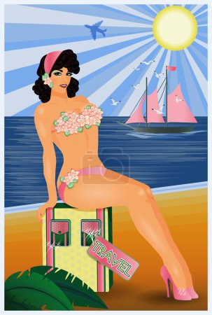 Photo for Travel Pinup girl with bag, greeting vip  card, vector illustration - Royalty Free Image