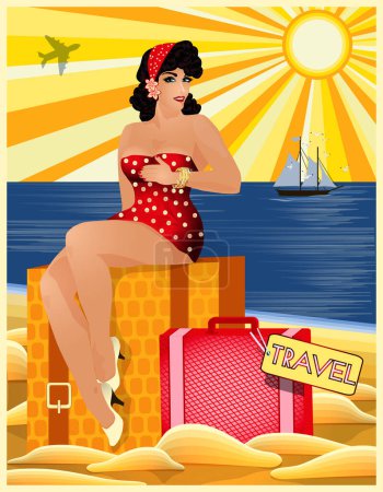 Photo for Travel Pinup sexual girl with bag, invitation card, vector illustration - Royalty Free Image