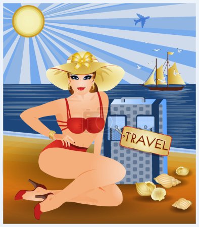Photo for Travel Pinup sexy girl with bag, vip card, vector illustration - Royalty Free Image