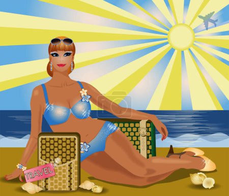 Photo for Pinup girl with bag, vip travel card, vector illustration - Royalty Free Image