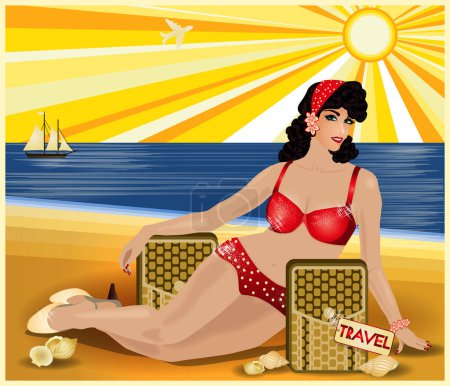 Photo for Travel Pinup girl with bag, greeting card, vector illustrationint - Royalty Free Image
