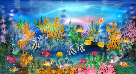 Underwater wallpaper with tropical fish, vector illustration