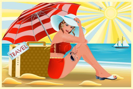 Photo for Travel Pinup sexy girl with bag, vip card, vector illustration - Royalty Free Image