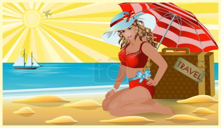 Photo for Travel Pinup young girl with bag, vip card, vector illustration - Royalty Free Image