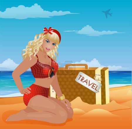 Photo for Travel Pinup sexy girl with luggage, invitation card, vector illustration - Royalty Free Image