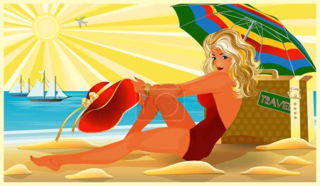 Photo for Pinup blond girl with bag, travel card, vector illustration - Royalty Free Image