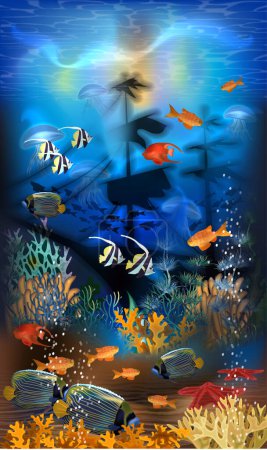 Underwater banner with sunken ship  and tropical fish, vector illustration