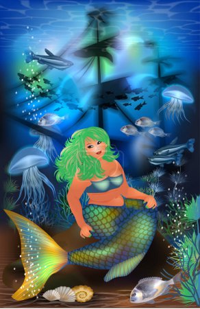 Underwater card, Plus size Mermaid , sunken ship and tropical fish, vector illustration