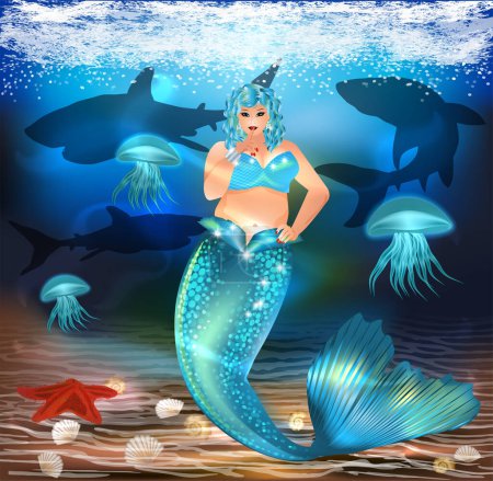 Cute Underwater card, Plus size Mermaid XXL, vector illustration