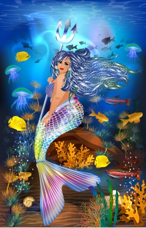 Illustration for Underwater wallpaper, Plus size Mermaid with Trident and tropical fish, vector illustration - Royalty Free Image