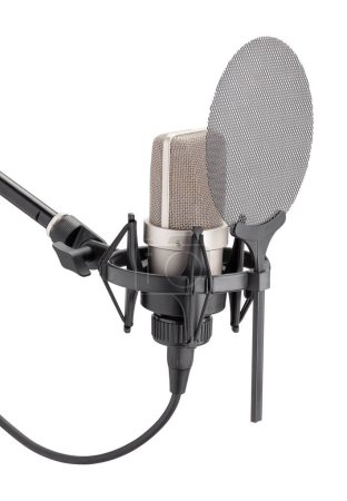 Mikrofon auf Schockaufnahme mit Pop-Filterpfad isoliert auf weiß