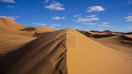 Foto de Luz del atardecer y huellas en el desierto de Merzouga en Marruecos - Imagen libre de derechos