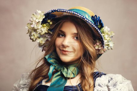 Young teenage woman portrait regency era bonnet hat close up