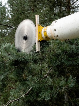 Foto de Sierra circular en una pluma telescópica para cortar ramas de árboles. Todo está construido sobre un tractor especial, un vehículo de ruedas - Imagen libre de derechos