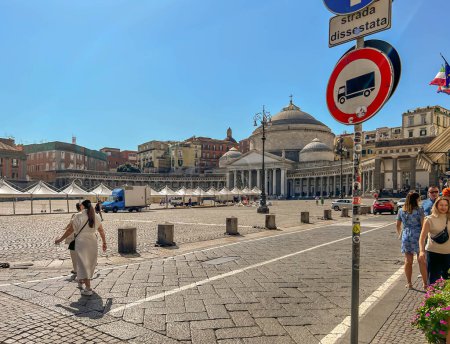 Photo for Naples, Italy - September 27, 2022: Piazza del Plebiscito, the monumental Plebiscito Square in Naples, Italy, with the facade of the church of San Francesco di Paola. - Royalty Free Image
