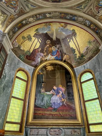 Photo for POMPEII, ITALY - September 28, 2023: Interior of the Basilica of Our Lady of the Rosary in Pompeii. Mosaics with the mysteries of the rosary, the third joyful mystery - the birth of Jesus. - Royalty Free Image