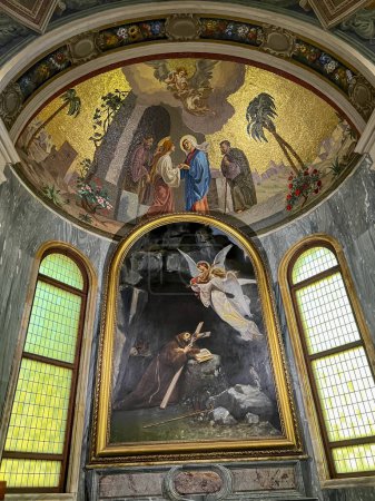 Photo for POMPEII, ITALY - September 28, 2023: Interior of the Basilica of Our Lady of the Rosary in Pompeii. A mosaic depicting the mysteries of the rosary, the second joyful mystery - the visitation of Saint Elizabeth. - Royalty Free Image