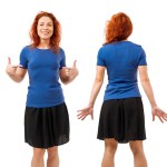 Photo of a young beautiful redhead woman with blank blue shirt and black skirt, front and back. Ready for your design or artwork.