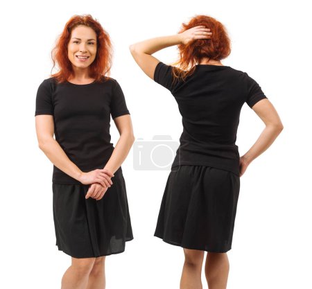 Photo for Photo of a young beautiful redhead woman with blank black shirt. Isolated over white background and ready for your design or artwork. - Royalty Free Image